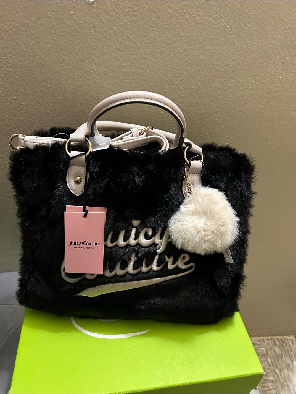 Juicy Couture Black Faux Fur Tote with Cream Accents